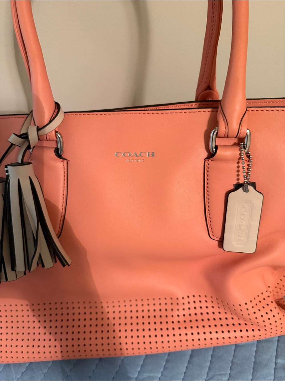Coach Coral Perforated Leather Tote with Tassel Charm
